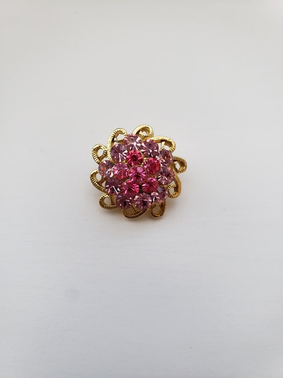 Antique Pink and Gold Rhinestone Filigree Brooche… - image 6