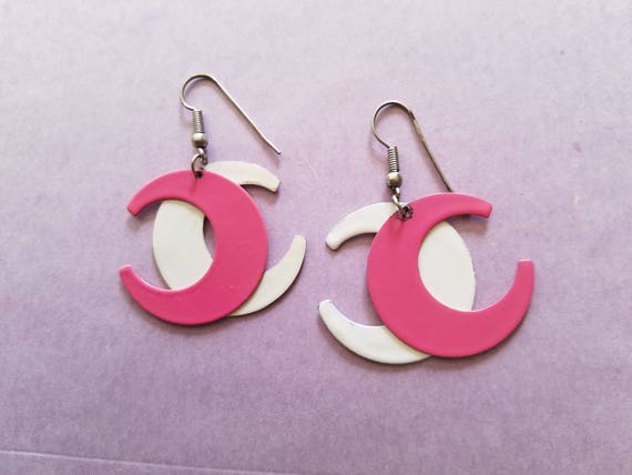Retro Pink and White Dangle Earrings - 80s Fashio… - image 2