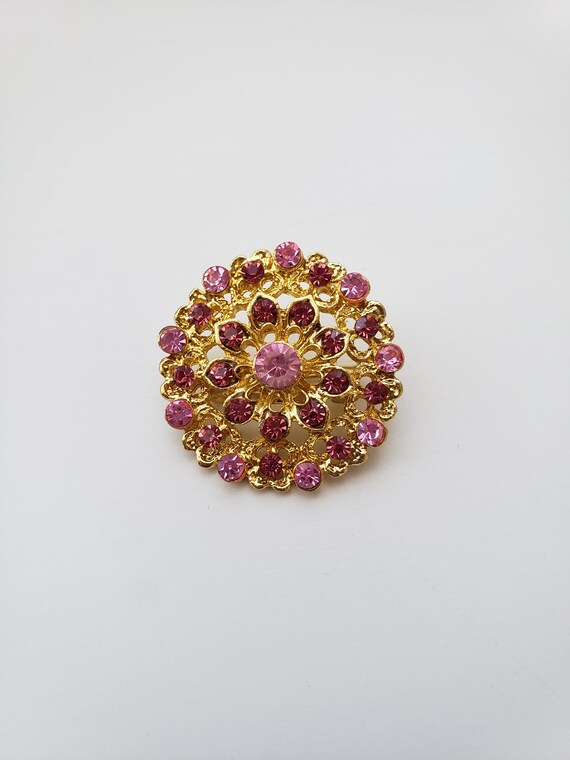 Antique Pink and Gold Rhinestone Filigree Brooche… - image 4