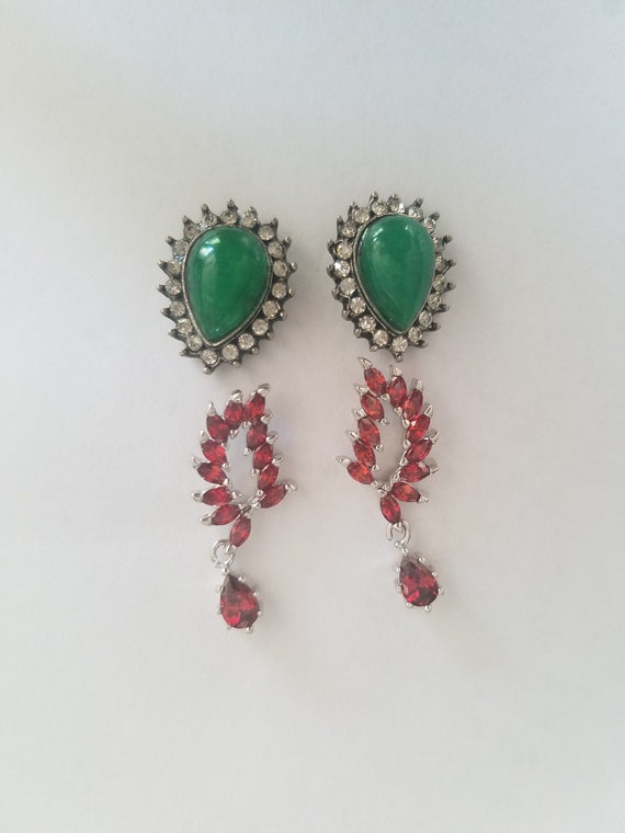 Red and Green Rhinestone Stud and Dangle Victorian