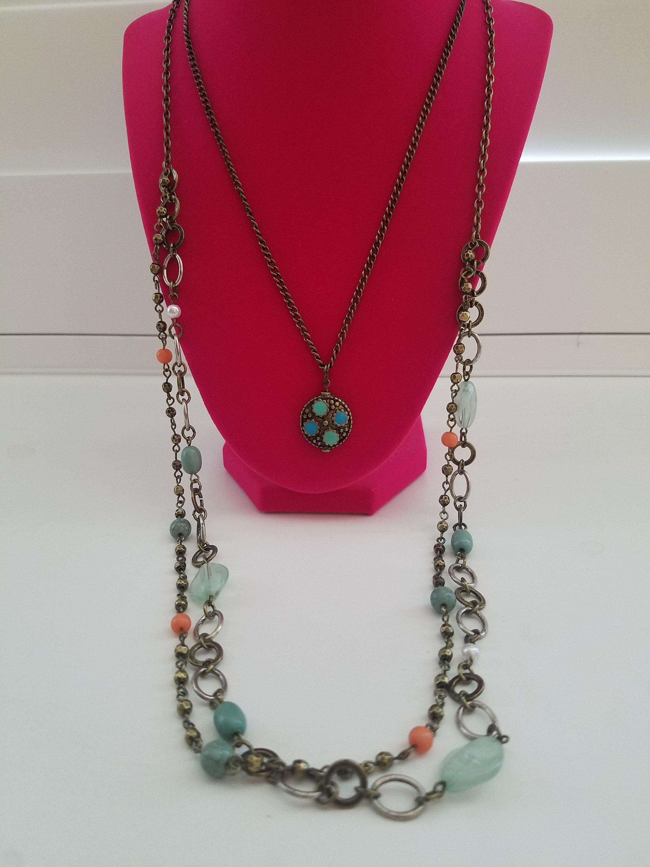 Long Multi Strand Chain / Bead Necklace Blue Pendant Etsy