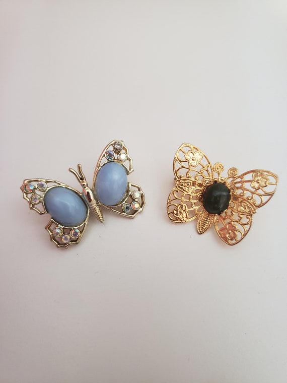 Antique Filigree Butterfly Brooch Pins - Gold Ton… - image 1