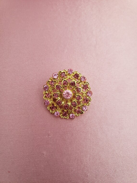 Antique Pink and Gold Rhinestone Filigree Brooche… - image 5