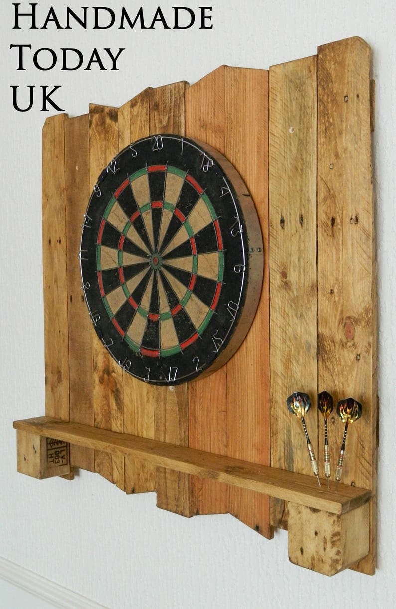 Handmade Driftwood Dart Board Dartboard Backboard with Shelf made from Recycled Pallet Wood image 2