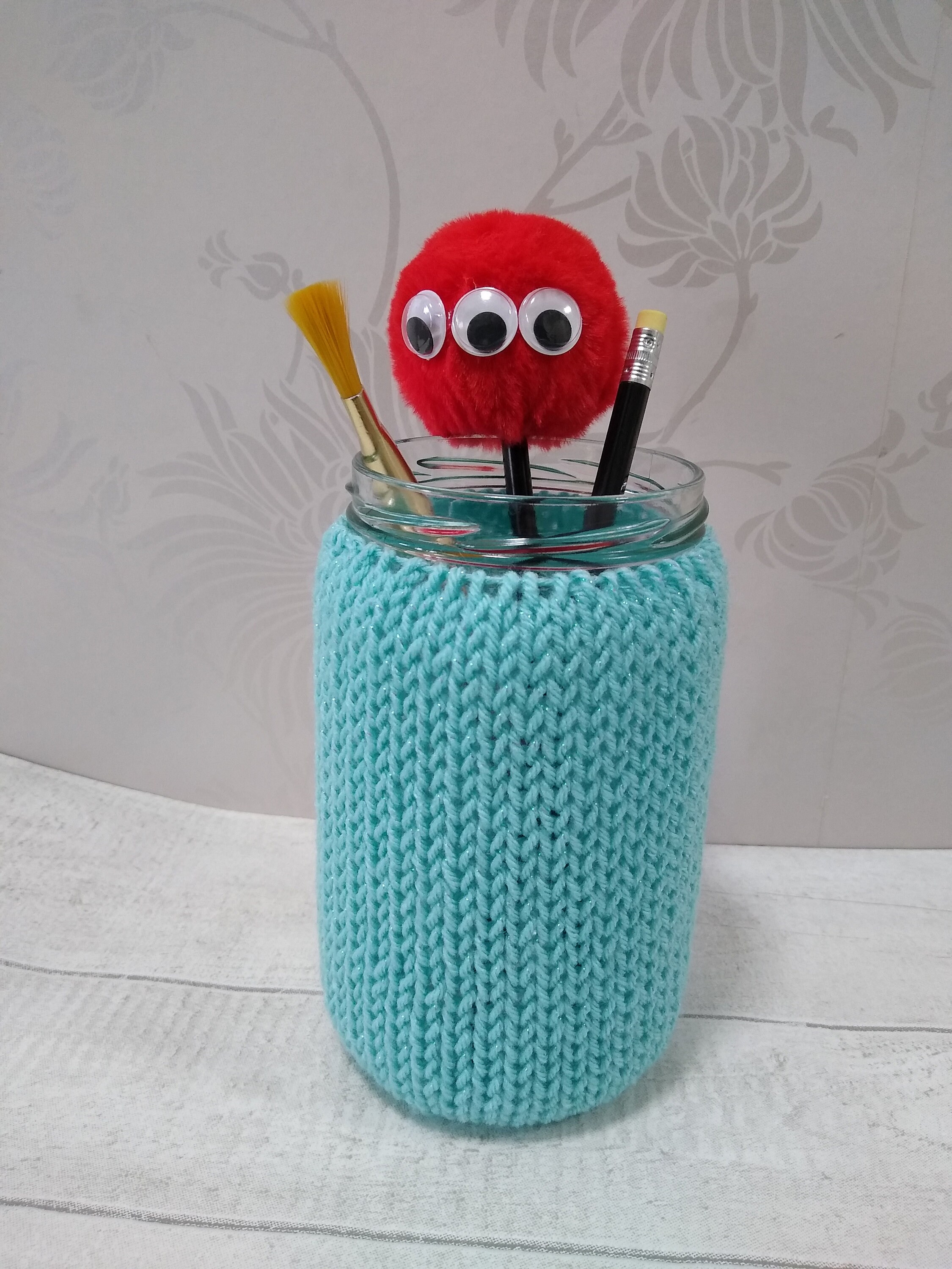 Jam Jar with knitted cover knitted cosy knitted pen Etsy