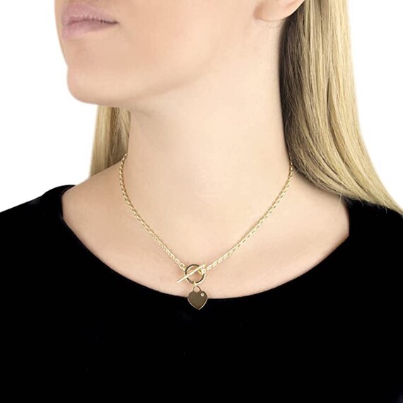 9ct Yellow Gold Diamond Set Heart Tag Trace Chain T bar Necklace
