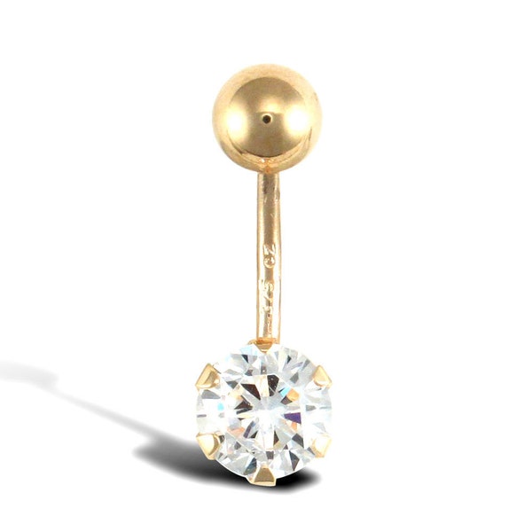 9ct Gold Belly Bar With Claw set CZ Solitaire ( Yellow or White 9ct Gold Options )