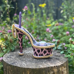 Lila Leopard Print Kerzenhalter: 7 &quot;Stiletto Absatz, Größe 44, Limited Edition