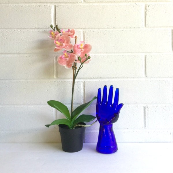 Striking Vintage Cobalt Blue Glass Hand Sculpture Circa 1980s Mid Century Modern MCM Style