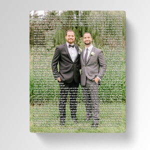 May include: Two men in suits stand in front of a green background with a long text message about their wedding day. The text is in a cursive font and is written in white.