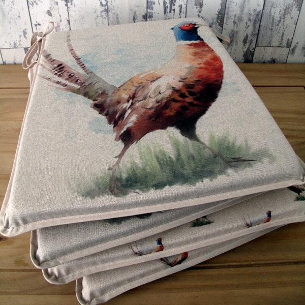 Set of 4, 6 or 8 Pheasant Reversible Tapered Seat Pads, Chair Pads, multi coloured tapered kitchen chair pad. Large pheasant print seat pad.