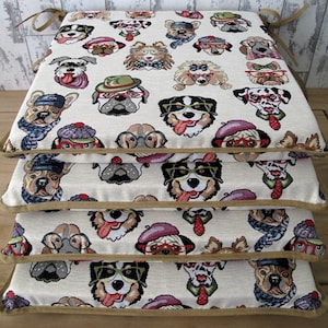 Tapestry Dogs Square Seat Pads, Chair Pads, multi colour humorous square kitchen chair cushion. Bistro, bar, patio seat pad set of 4, 6 or 8