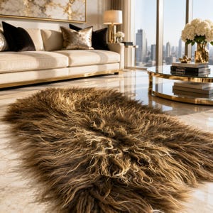 Peut inclure: Un tapis à poils longs et hirsutes dans une palette de couleurs brun profond et beige. Le tapis présente un poil dense et texturé avec de longues fibres fluides qui créent un aspect naturel et superposé sur la surface du revêtement de sol.
