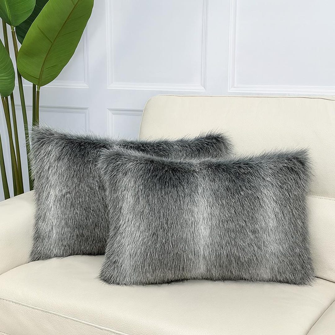 Opossum Stripe Faux Fur Cushion Cover | Rectangular Grey Striped