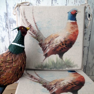 Set of 4, 6 or 8 Pheasant Reversible Square Seat Pads, Chair Pads, Large Printed square kitchen chair pad. Bistro, bar, Patio seat pad.