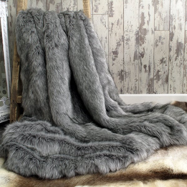 CLEARANCE Grey Squirrel faux-fur bed runner | Grey fake fur bed throw | 90 x 250cm approx. with grey faux-suede or fleece lining