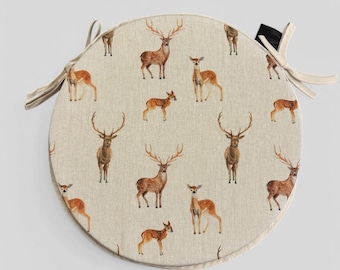 Stag & Deer Print Round Bistro Chair Pad | Linen Seat Cushion with Ties