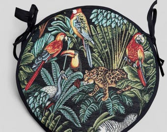 Rainforest Black Tapestry Bistro Seat Pad | Round Jungle Chair Cushion