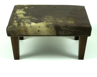 Brown & Gold Cowhide Footstool 321: Small Rectangular Ottoman, Handmade in the UK