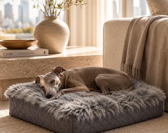 Large Genuine Sheepskin Pet Bed | Long Haired Orthopaedic Dog Bed | Memory Foam Dog Bed In Grey
