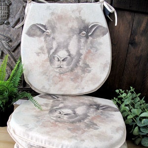Set of 4, 6 or 8 Sheep Reversible Classic D Seat Pads, Large Printed Sheep Design kitchen chair pad. Plain or small sheep print backs.