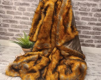 Luxurious Spice Orange Faux Fur Throw | Zanzibar Blanket, Brown Faux Suede Lining