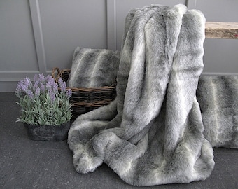 Lemur Grey Striped Faux Fur Throw Blanket | Faux Suede Lining