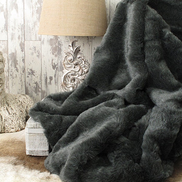 Badger Dark Grey Faux Fur Throw for Bed or Sofa with grey faux-suede lining in a range of sizes. Ideal Bedspread or Pet Blanket.