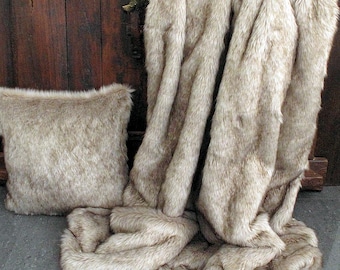 Tundra Wolf Faux Fur Blanket | Beige & Brown Sofa Throw