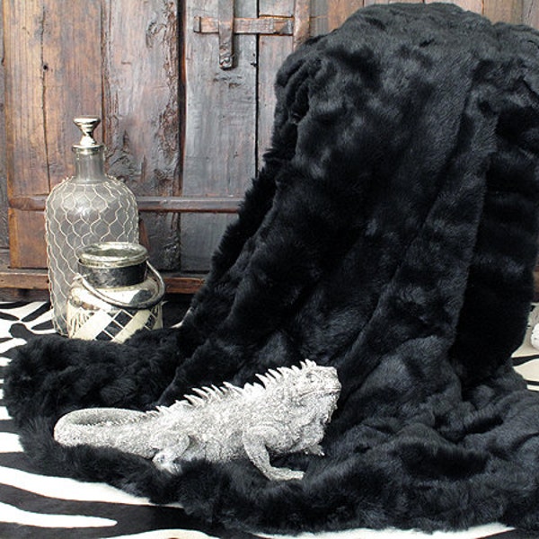 Faux Fur Throw Black Panther with grey faux-suede lining in a range of sizes. Ideal Bedspread or Fur Sofa Throw.