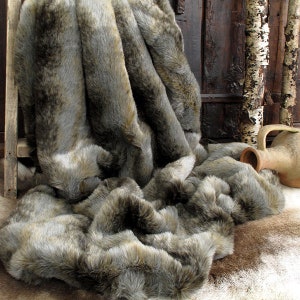 Grey Wolf Faux Fur Throw Grey fur bed throw Gray sofa throw Large faux fur throw Gray fur blanket throw with grey faux-suede lining. image 1