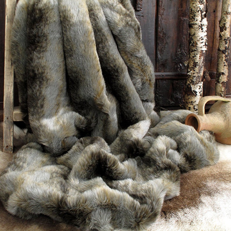 Grey Wolf Faux Fur Throw Grey fur bed throw Gray sofa throw Large faux fur throw Gray fur blanket throw with grey faux-suede lining. image 1