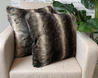 Dunkel Chinchilla gestreift Kunstpelz Kissenbezug | Weiche Plüsch Kissenbezüge