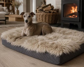 Large Genuine Sheepskin Pet Bed | Long Haired Orthopaedic Dog Bed | Memory Foam Dog Bed In Oyster
