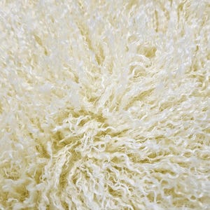 May include: Close-up of a fluffy, cream-colored sheepskin rug. The texture is soft and inviting, with long, curly fibers.