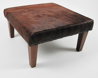 Brown Brindle Cowhide Footstool 307: Square Ottoman with Modern Wooden Legs