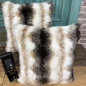 Italian Wolf Fur Cushion Covers, Striped Faux Fur Throw Pillow