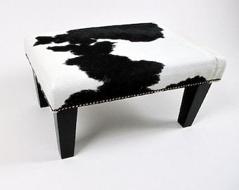 Small Black and White Rectangular Cowhide Footstool 316. Real hair on hide cowhide ottoman foot stool 61cm x 41cm (24" x 16") 13"/33cm high