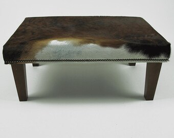 Large Cowhide Footstool 319: Brown & White Hair-on-Hide Ottoman (30 x 20")