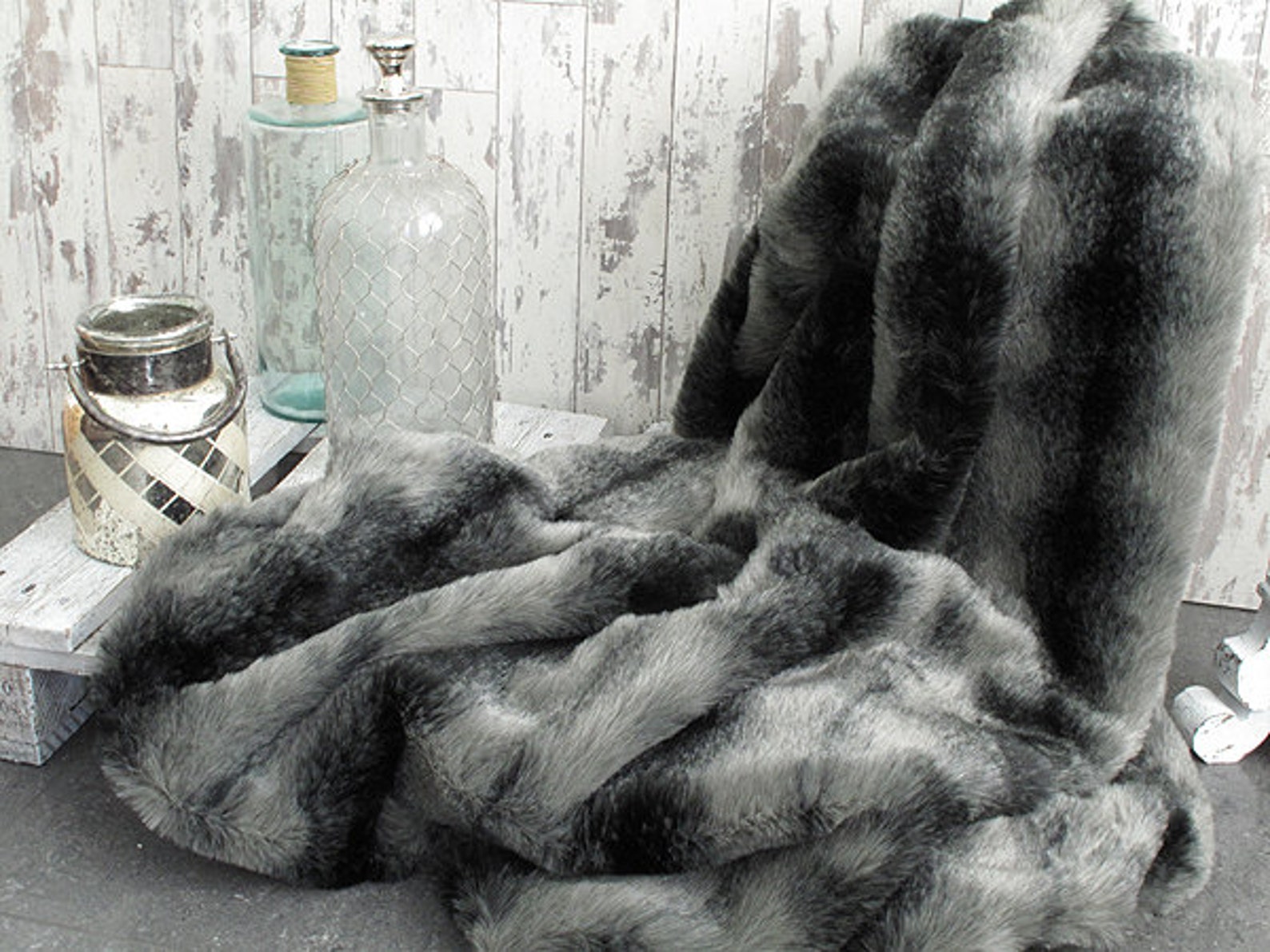 Black Wolf Faux Fur Throw for Bed or Sofa With Grey Fauxsuede Etsy UK