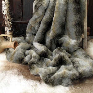 Grey Wolf Faux Fur Throw Grey fur bed throw Gray sofa throw Large faux fur throw Gray fur blanket throw with grey faux-suede lining. image 2