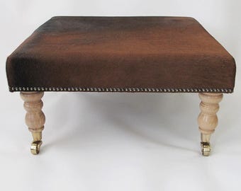 Brown Cowhide Footstool 213 : Square Leather Ottoman with Wooden Legs 24x24"