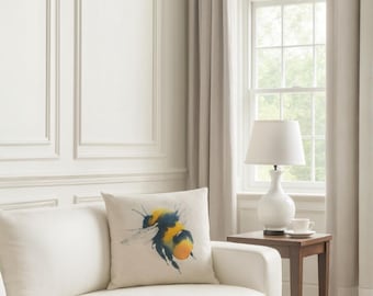 Reversible Bee Print Pillow Cover | Beige Country Cushion