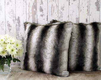 Silber Braun Chinchilla Gestreifte Kunstpelz Kissenbezug, Luxuriöser Kissenbezug