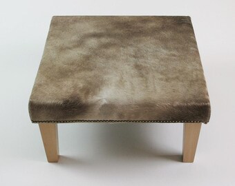 Mottled Brown Cowhide Footstool 328, Square Ottoman (24 x 24") With Modern Wooden Legs