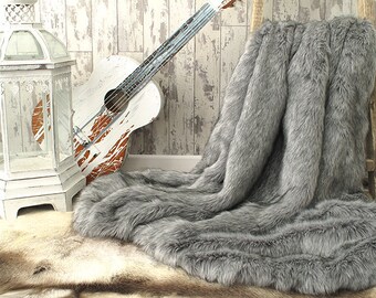 Grey Squirrel Faux Fur Throw, Long Haired, Faux Suede Lining