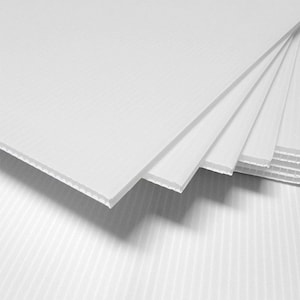 May include: A stack of white corrugated plastic sheets. The sheets are smooth on one side and have a corrugated texture on the other side.