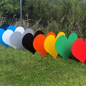 Pu&ograve; includere: Una fila di decorazioni da giardino a forma di cuore colorate in vari colori: blu, bianco, grigio, nero, arancione, giallo, verde e rosso. I cuori sono posizionati nell'erba vicino a una recinzione a catena.