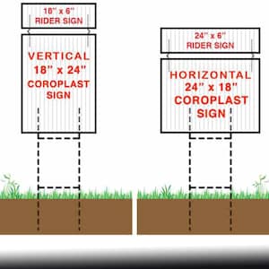 K&ouml;nnte beinhalten: Diagramm, das zwei verschiedene M&ouml;glichkeiten zur Installation eines Coroplast-Schilds zeigt. Das erste Schild ist 18 Zoll mal 24 Zoll gro&szlig; und wird vertikal installiert. Das zweite Schild ist 24 Zoll mal 18 Zoll gro&szlig; und wird horizontal installiert. Beide Schilder haben ein 6 Zoll mal 18 Zoll gro&szlig;es Zusatzschild dar&uuml;ber.