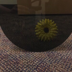 May include: A black round disc with the text "SIBE POLYMERS" printed on it. A yellow daisy is placed on the disc, which is sitting on a patterned carpet.